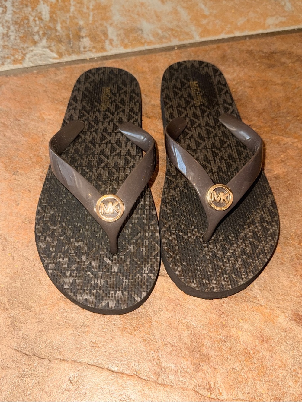 Michael Kors Brown Strap Black Patterned Logo Flip Flops